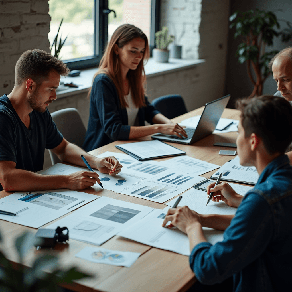 A group of professionals engaged in a focused business meeting with charts and laptops.