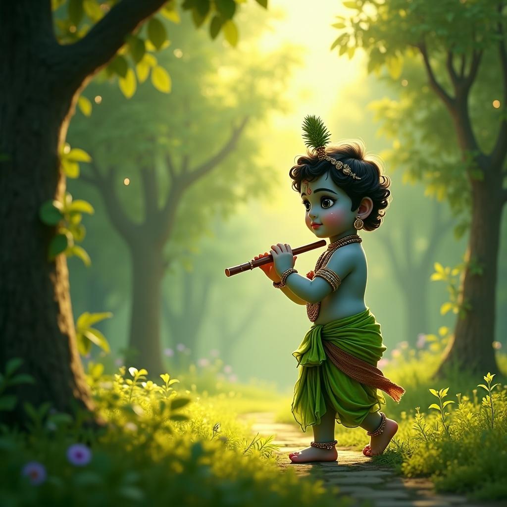 Unique image of Krishna in lush green forest. Early morning light shines through trees. Krishna holds a flute. Dressed in green cloth. A depiction focusing on innocence and spirituality.