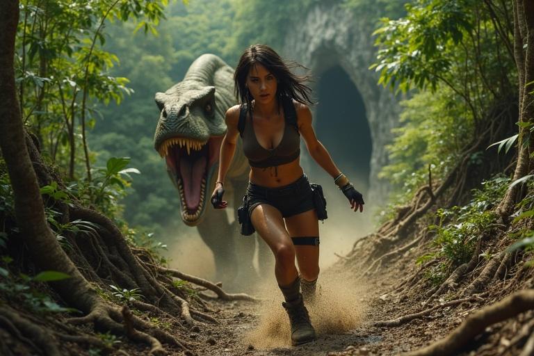 High drone-like angle captures a cinematic chase scene featuring a T-Rex and a heroine. The T-Rex roars and crashes through trees. The heroine sprints with effort, wearing a crop top and tactical shorts. Her goal is a jagged cave entrance in the distance, emphasizing speed and danger.