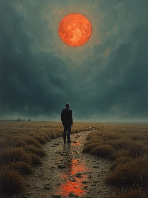 Surreal landscape painting showcasing deep emotional themes. A figure stands alone in a desolate terrain, under a striking red moon. The atmosphere conveys a sense of fear, suffering, and the passage of time with overwhelming feelings of loneliness and helplessness.