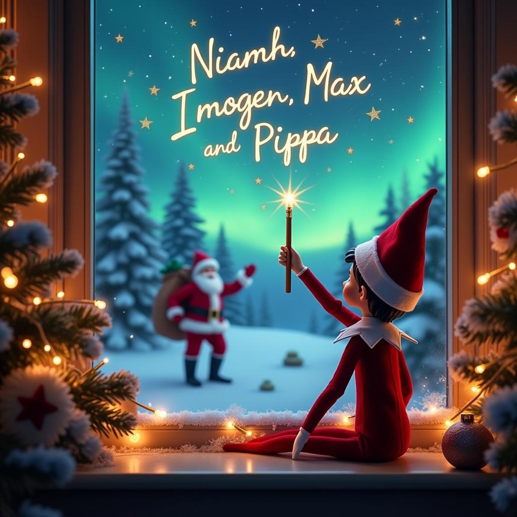 A cozy holiday scene features an elf seated by a window with his back to the viewer. The elf is facing a magical sky, holding a wand and writing the names 'Niamh', 'Imogen', and 'Pippa' in glowing letters. Outside, the snowy landscape is illuminated by vibrant northern lights, and in the distance, Santa Claus can be seen waving cheerfully. The window is framed with cozy holiday decorations, enhancing the festive atmosphere. The entire scene captures the enchanting spirit of Christmas beautifully.