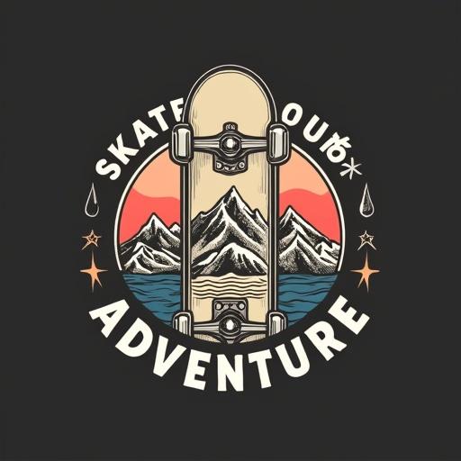 Logo design features a skateboard deck with vintage linework. Deck graphic displays subtle elements of adventure such as mountains and waves. Text reads Skateboard ADVENTURE, integrated with the deck design. Color scheme includes black, cream, and muted red accents. Clean lines suitable for a scalable brand logo.