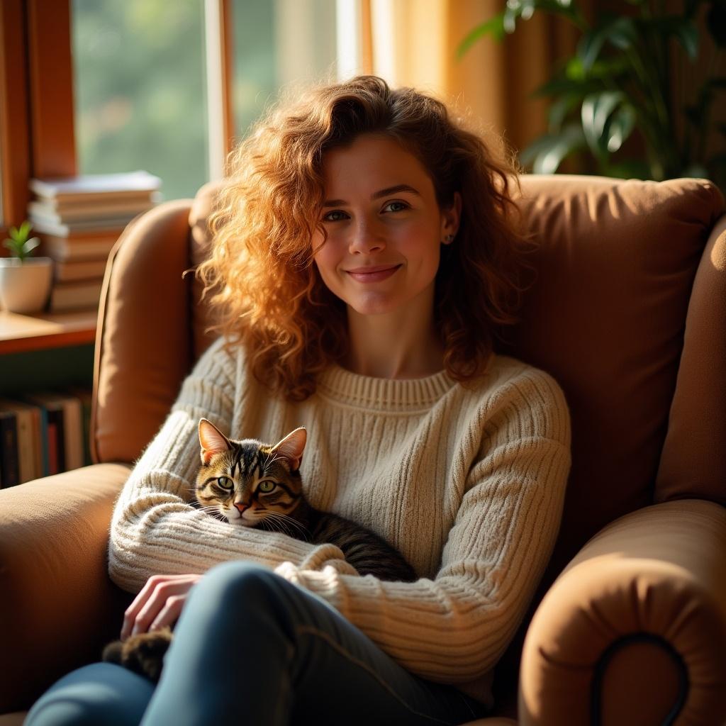 Portrait of a woman with curly hair sitting on a cozy chair. She holds a cat in her arms. The scene is warm and inviting with soft natural light.