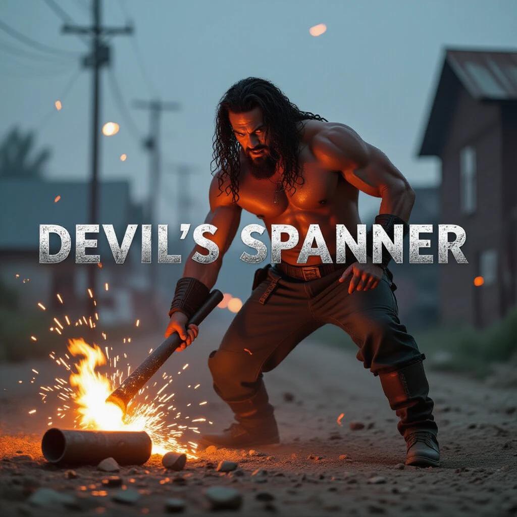 A muscular figure is striking a pipe into the ground with a tool. Sparks are flying as fire bursts around. The setting is an industrial environment with a gritty look.
