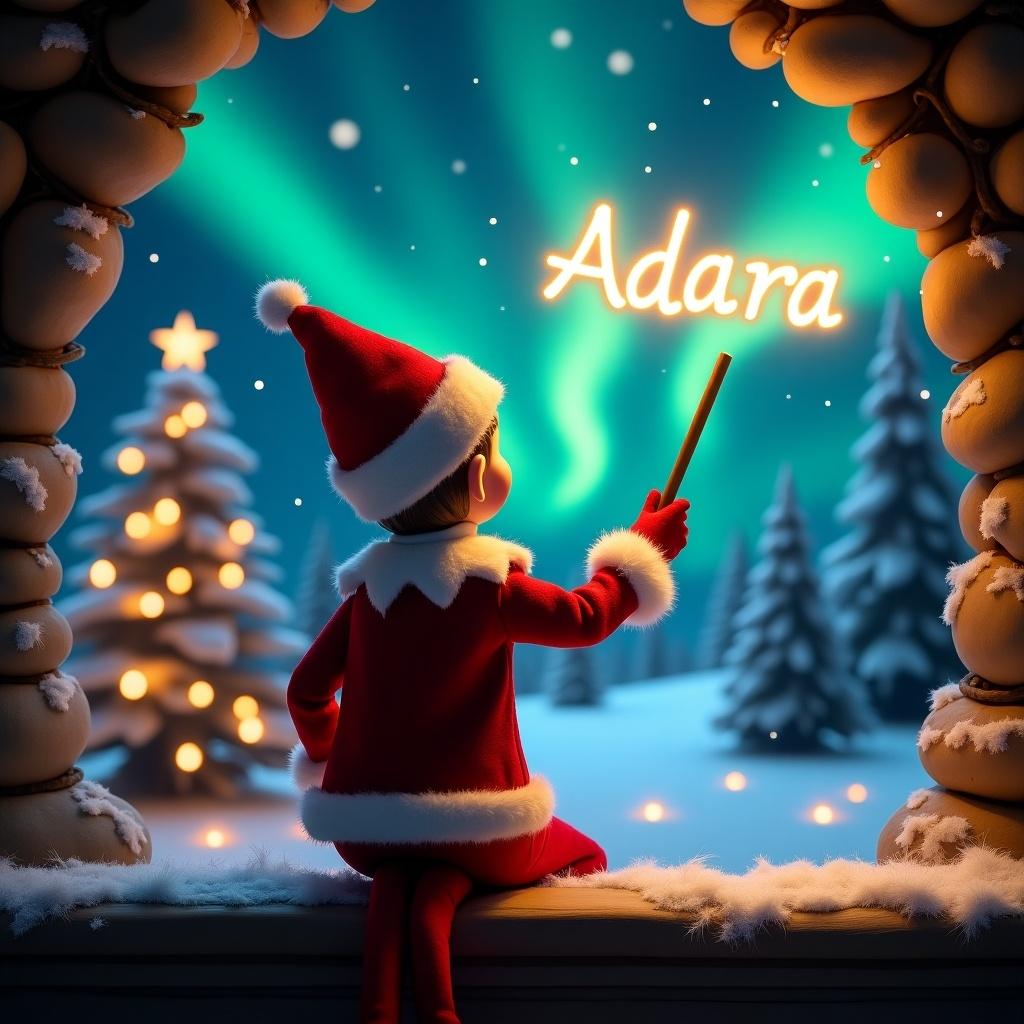 An enchanting Christmas scene featuring an elf on the shelf. The elf, dressed in red and white, is turned away from the viewer and gazes at the sky. He wields a magic wand, writing 'Adara' in a glowing script above him. The backdrop includes Santa's grotto decorated with vibrant northern lights. The scene is filled with festive joy, capturing the whimsical essence of the holiday season.