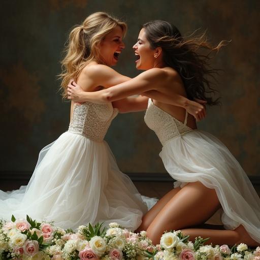 Twin women in wedding dresses engaged in a playful fight on the floor amidst flowers. Both are tall with long hair. The atmosphere is lively and spirited.
