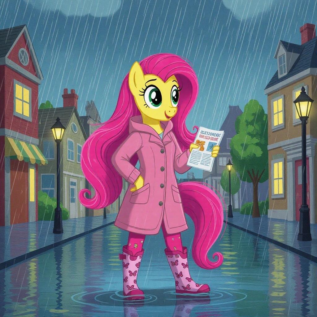 Fluttershy character stands confidently on a flooded street during a torrential rain. She holds a weather report while wearing a pink raincoat and wellies with butterfly patterns. The background features reflective water and houses under cloudy skies.