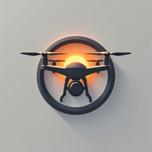 Design modern logo for AeroLens. Include icon with aperture blades as quadcopter rotor. Use steel gray with sunset-orange accent. Add subtle drop shadow for depth. Use clean sans-serif font like Helvetica Neue Medium.