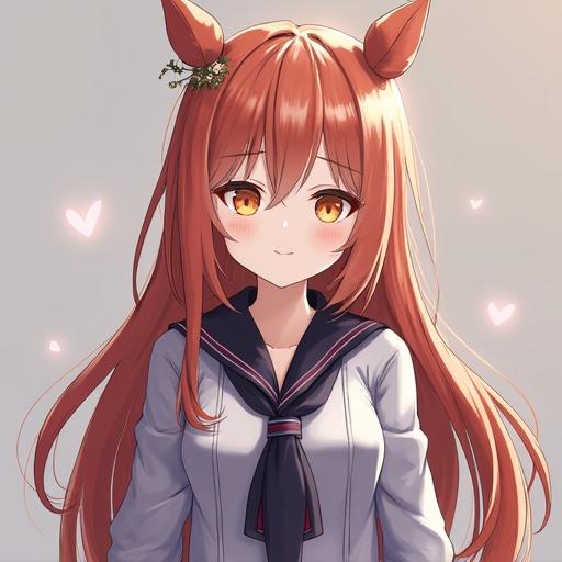 Anime character with long brown hair and fox ears wearing school uniform. Soft expression and background with hearts.