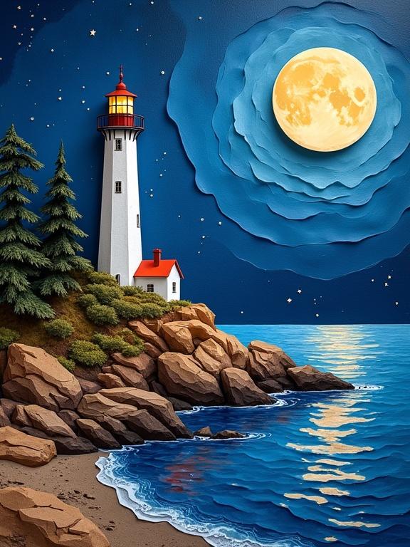 A digital artwork depicting a lighthouse on a rocky shore under a full moon. The scene is inspired by origami paper folds and features layered textures. The sky is dark blue with stars, and the ocean reflects the moon's glow.
