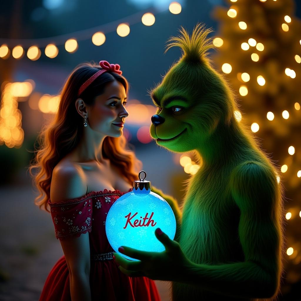 A serene night garden scene. The Grinch interacts with a character. The Grinch holds a blue Christmas bauble. The bauble has the name Keith written elegantly. Twinkling lights create a magical atmosphere.