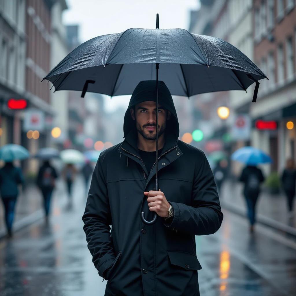 A man stands in an urban street with an umbrella during rain. The street is wet with reflections from buildings. People can be seen in the background also with umbrellas. The atmosphere is moody and subdued.