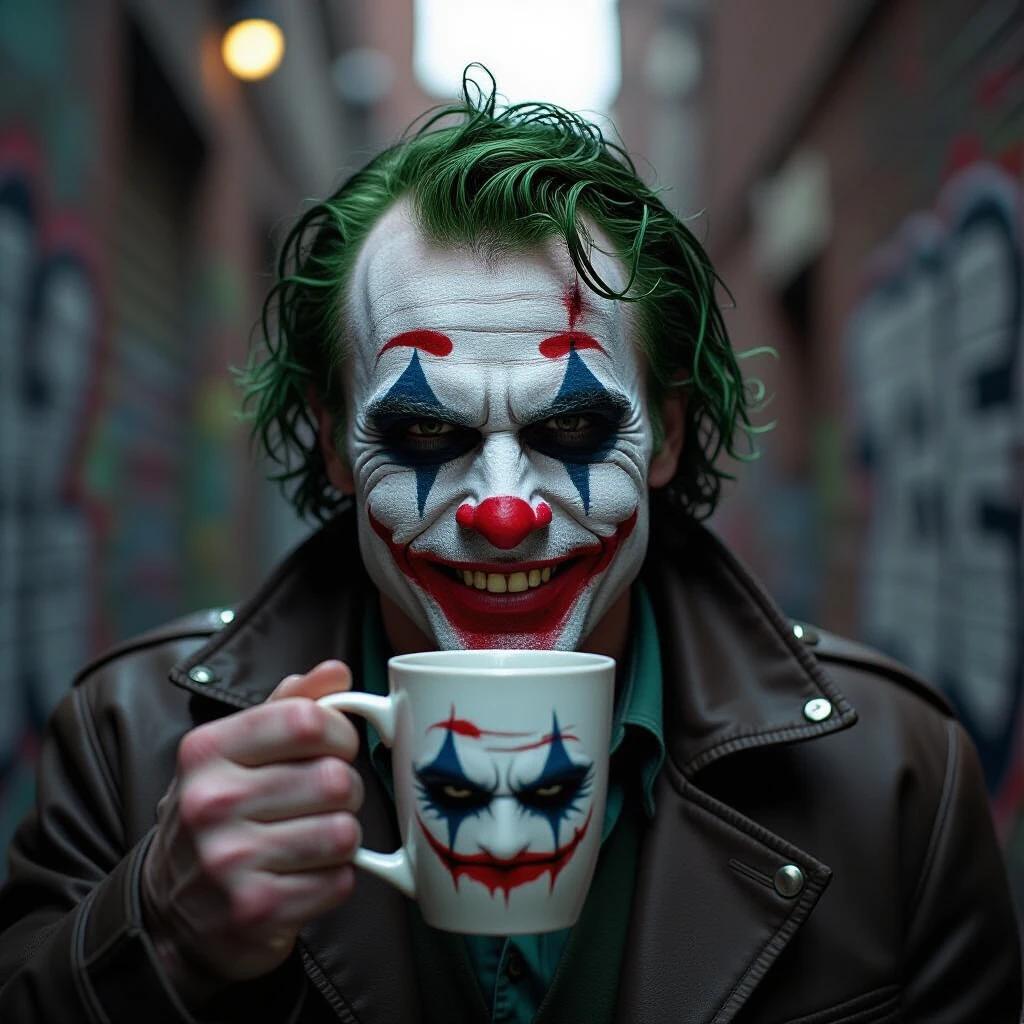 Gritty realistic portrayal of man with messy green hair smeared white face paint red scars wide grin holding white mug with his painted face chaotic background dimly lit urban alley graffiti darkness