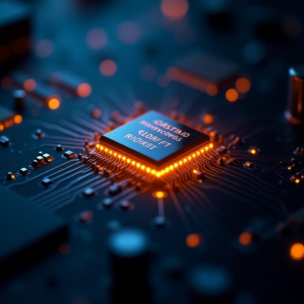 Close-up view of a glowing microchip on a circuit board. Emphasize advanced technology.