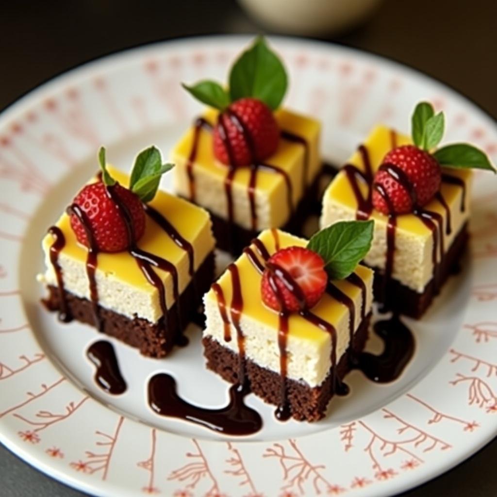 Mini cheesecakes with brownie base. Topped with strawberries and mint leaves. Served on a decorative plate. Chocolate drizzle enhances visual appeal.