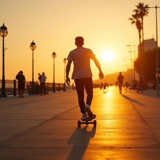Cinematic shot of a young man cruising on skateboard along Tel Aviv beach promenade at sunset. Long shadows and relaxed vibrant atmosphere.
