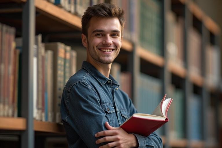 A male student stands in a library holding a red book. Bookshelves filled with books are in the background. The student wears a denim jacket. He appears engaged and focused. The environment suggests a university setting.