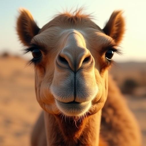 Close-up view of a camel's head. Camel looks directly at the camera. Large expressive eyes and prominent nostrils visible. Textured fur and long eyelashes clear. Natural desert setting in golden light.
