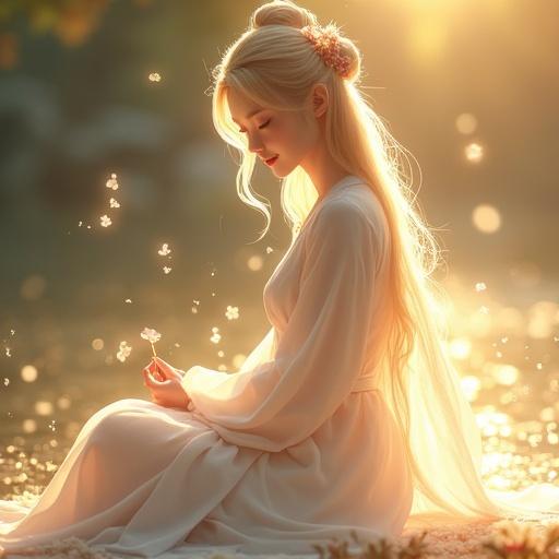A semi-realistic full-body portrait of a young woman in ceremonial robes. She embodies divine light and grace. She sits in a traditional posture with a gentle smile. Her pale golden hair glows softly. The robes are white, gold, and faint crimson with delicate embroidery. Ethereal light particles float around her. A halo of golden light surrounds her. The setting is tranquil and sunlit, resembling a lakeside or shrine.