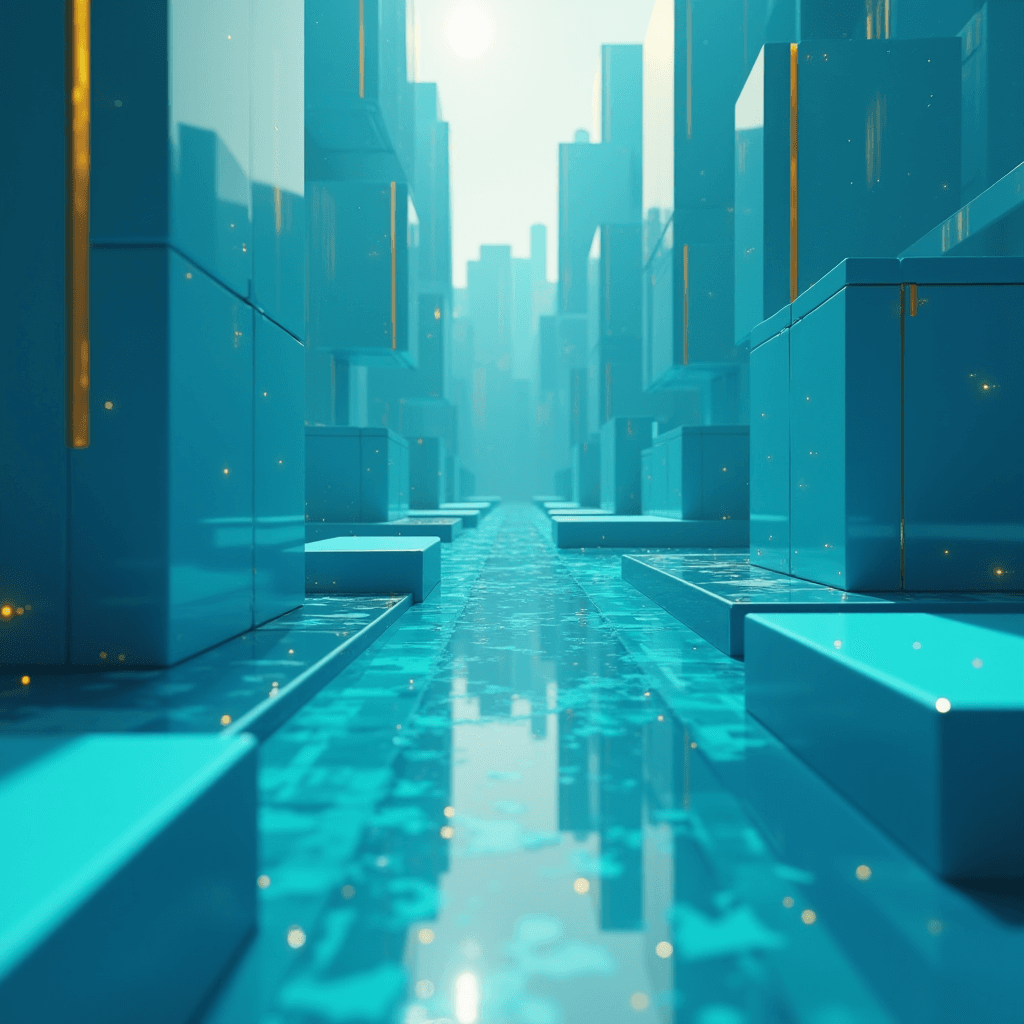 A futuristic cityscape with tall blue, reflective buildings and a shimmering path below.