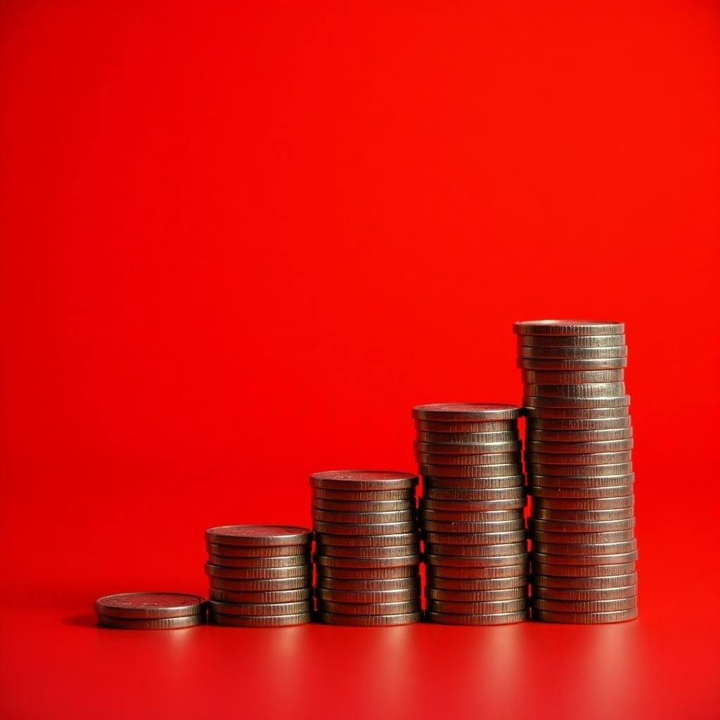 A series of coin stacks increases in height from left to right against a striking red background. The image showcases multiple stacks of coins, each progressively taller, representing financial growth or savings accumulation. The shiny surface of the coins contrasts with the vibrant red backdrop, creating a visually appealing composition. This illustration could be used in contexts related to finance, savings advice, or investment strategies. It captures the essence of wealth and monetary value clearly and effectively.