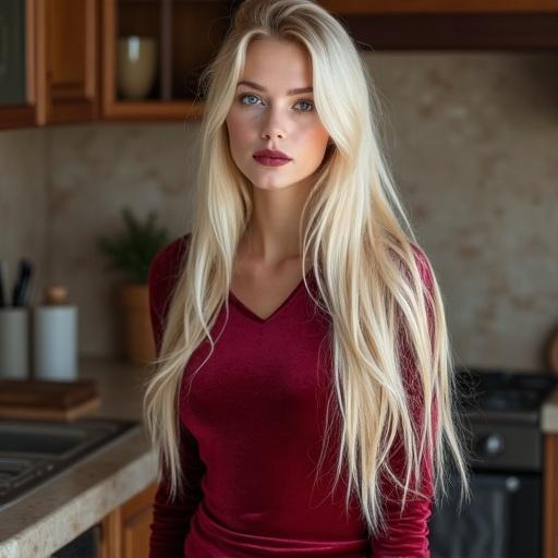 Blonde Scandinavian model with long straight shiny hair wears a velvet Christmas dress. Burgundy lipstick and stunning natural makeup enhance her blue eyes. Model poses in a kitchen showcasing long legs. Focus on her stylish appearance and kitchen as backdrop.