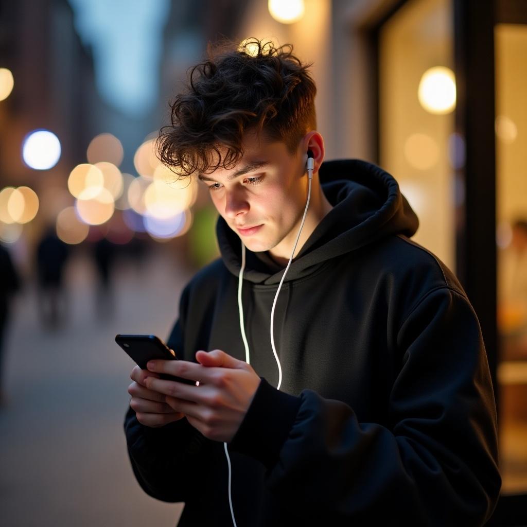 Teenage boy listening to music on his phone through earphones. Casual clothing in an urban environment with soft lighting effects. Focus on the subject with a blurred background.