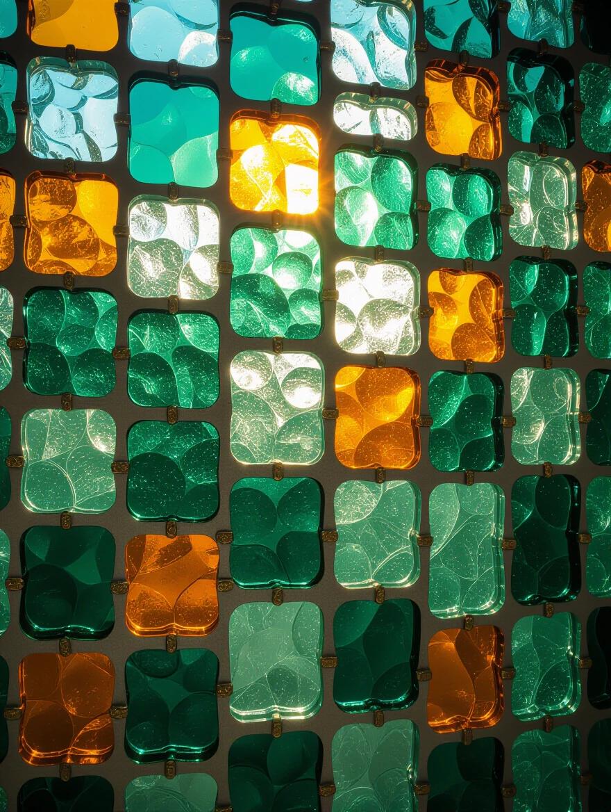 Close-up abstract composition of overlapping hand-blown glass tiles. Dominance of emerald green teal and translucent amber shades. Dense and irregular pattern filling the frame from bottom to top. Warm and radiant light with golden highlights. Sparkling reflections on glazed surfaces. Metallic gold outlines on glass edges. Smooth and glossy surface texture. Low viewpoint looking upwards to emphasize artistic arrangement. Ethereal ambiance evoking sacred spaces or enchanted workshops. Macro photographic approach with shallow depth of field enhancing dimensionality. Mood of wonder and opulence with a hint of mystery.