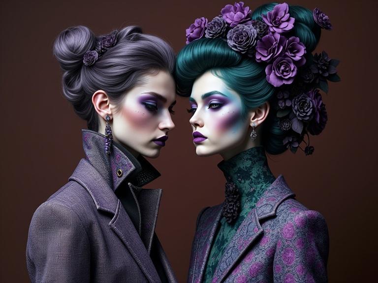 Surreal portrait of a couple dressed in eccentric purple teal and black attire. Clothing features intricate patterns like pinstripes and paisley. The background contrasts in brown and purple tones.