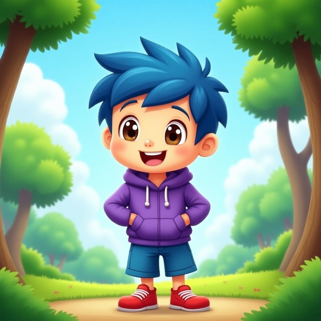 The image features a cheerful animated character that appears to be a young boy. He has short blue hair and is wearing a purple hoodie. His cute brown eyes are filled with curiosity. The character is standing in a friendly, lush green environment with trees surrounding him. He completes his look with blue shorts and red shoes, adding a playful touch.