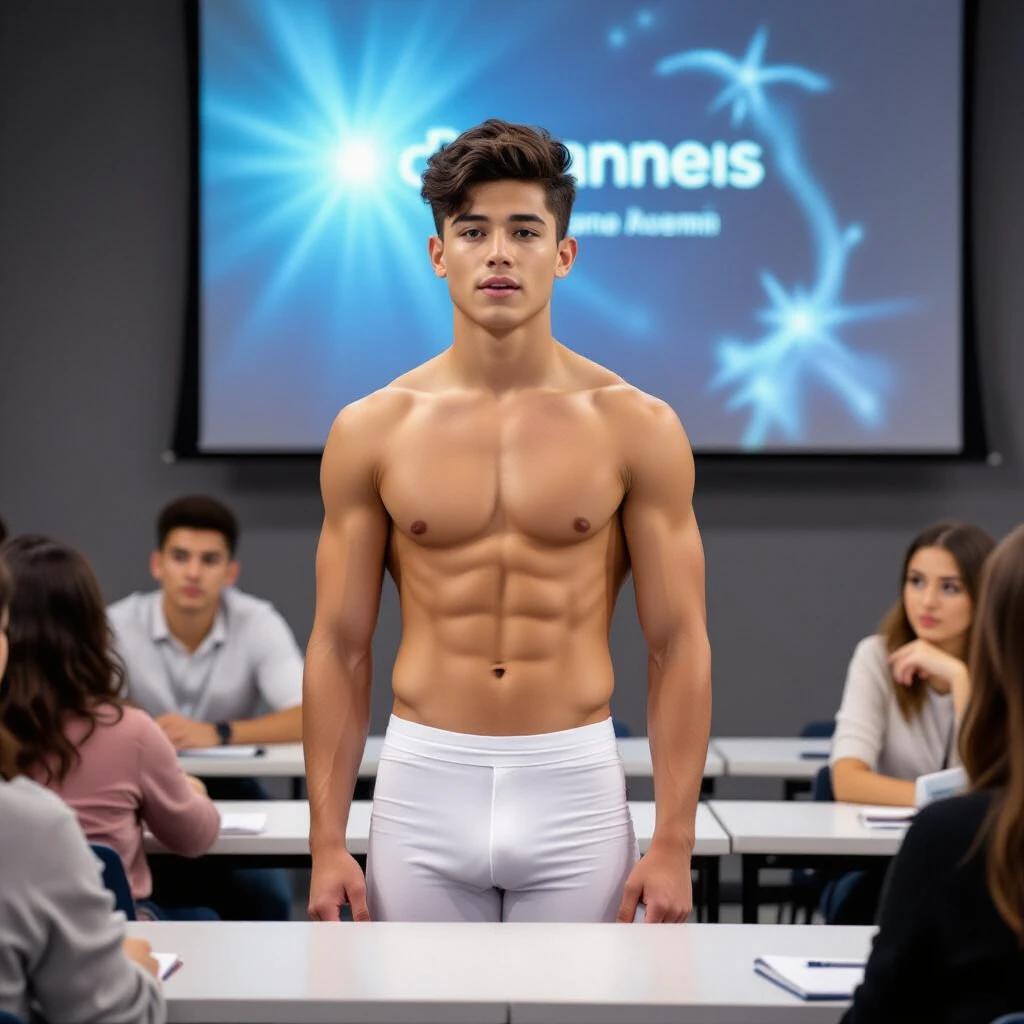 Young man presents himself to classmates while standing half-naked in front of a classroom. He wears tight white pants. The background shows classmates seated and focused on him. He has dark hair and a hairless upper body.