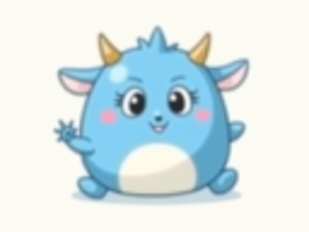 The image showcases a cute cartoon character with a simplistic design. It has a round body and big friendly eyes that give it a cheerful expression. The character is predominantly blue, with lighter shades on its belly and cheeks. It has small horns on top of its head, adding to its playful appearance. The arms and legs are rounded, enhancing its friendly demeanor. Overall, the character embodies a sense of fun and innocence.