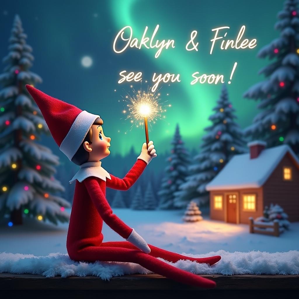 In a delightful Christmas setting, an elf on the shelf sits with its back to the viewer. It gazes upward, holding a glowing wand that sparkles with light in the night sky. The background features beautiful northern lights swirling above a cozy house, festively decorated for the holidays. Snow blankets the ground, enhancing the winter wonderland feel. The elf appears playful and embodies the magic of the season. The message, ‘Oaklyn & Finlee, see you soon!’ is written in sparkling light, conveying holiday joy.