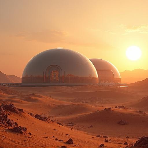 A futuristic habitat on Mars. Two large domed structures sit on a red landscape. The sun is setting in the background. An otherworldly atmosphere is created by the combination of warm colors and the Martian terrain.