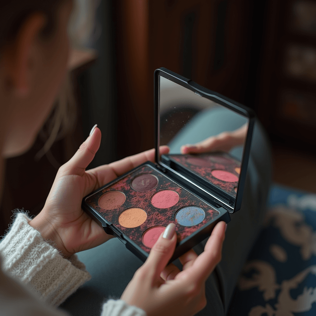 A person is holding a makeup palette with vibrant colors next to a mirror.