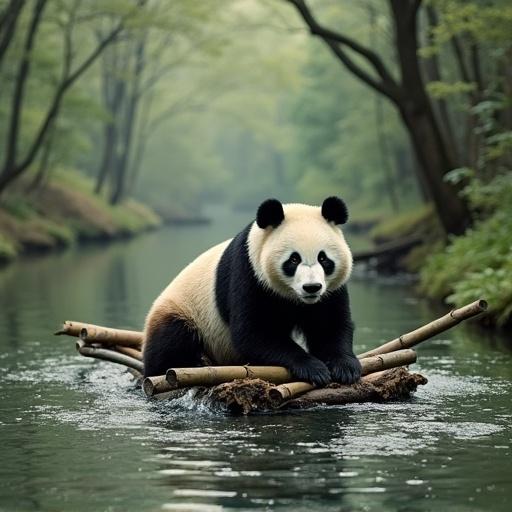 A giant panda is drifting downstream on a bamboo raft in a serene green forest by a stream.