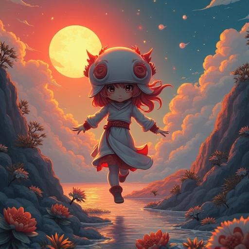 A surreal scene featuring a character with a futuristic helmet standing against a sunset backdrop. The background includes mountains and flowers, giving a fantastical vibe.