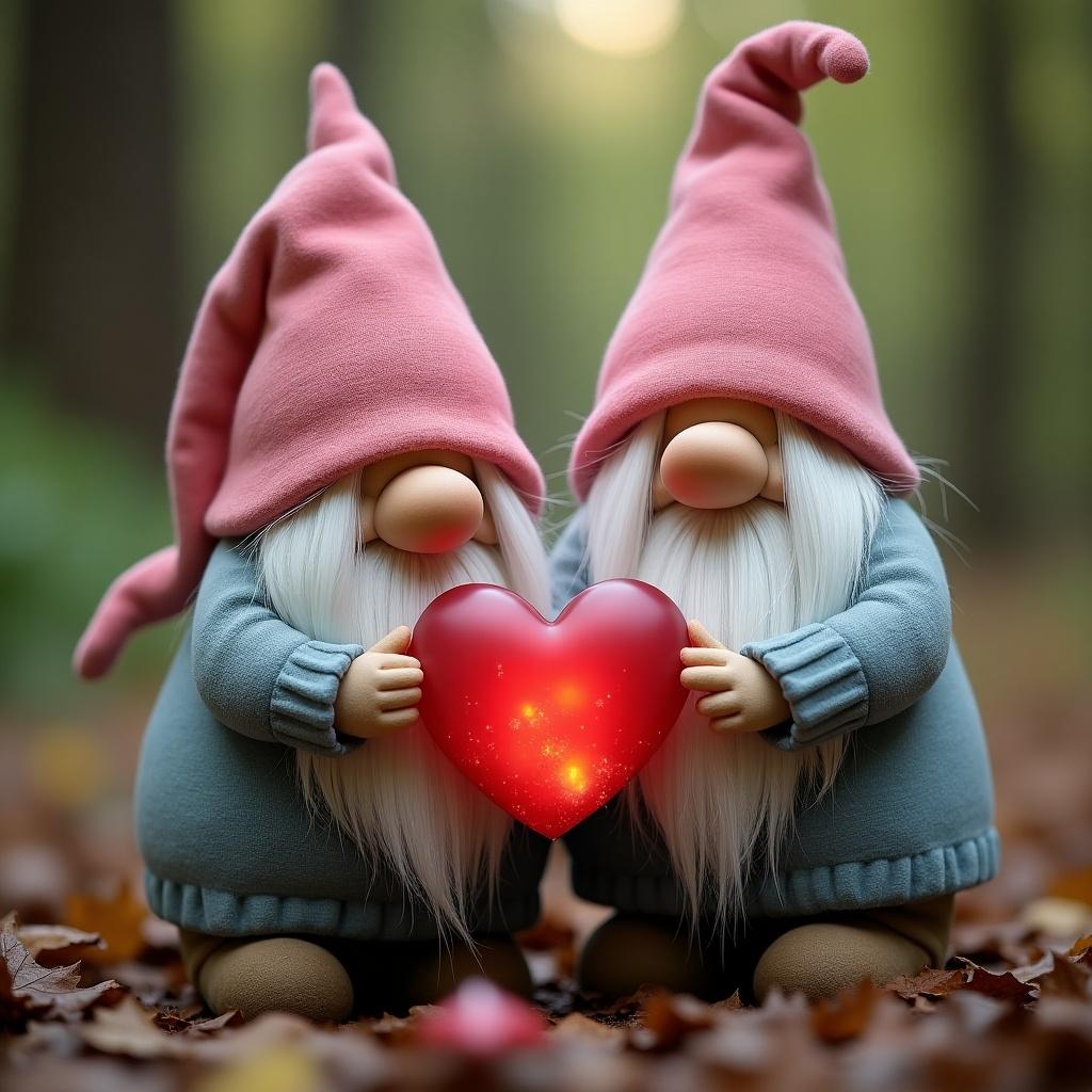 Gnomes are holding a large red heart. The heart glows and has the name Crystal embedded in it. The gnomes wear pink hats and have long white beards. Scene is in a forest with fallen leaves.