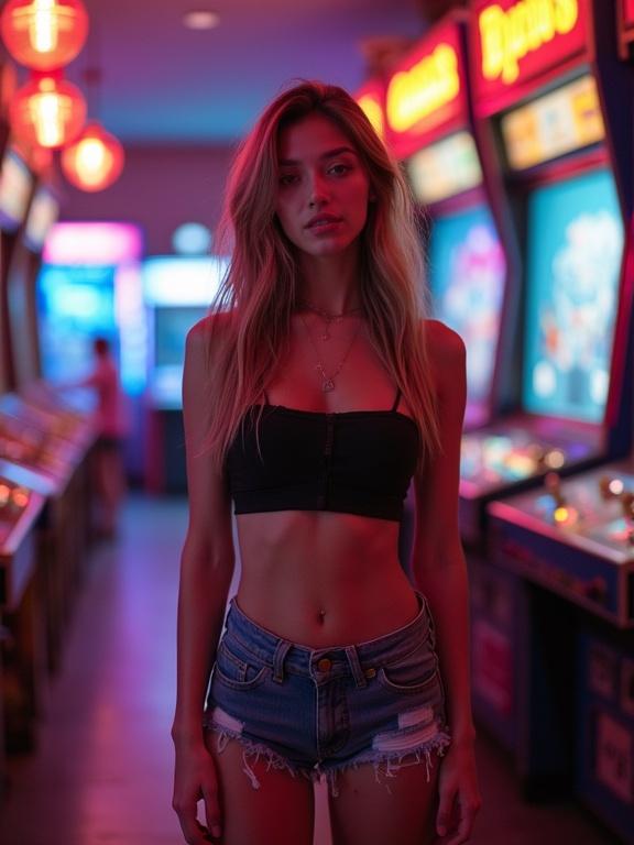 A female gamer stands in a vintage arcade. She wears a black bandeau top and denim shorts. Colorful arcade lights illuminate the scene. The setting captures a trendy and youthful atmosphere.