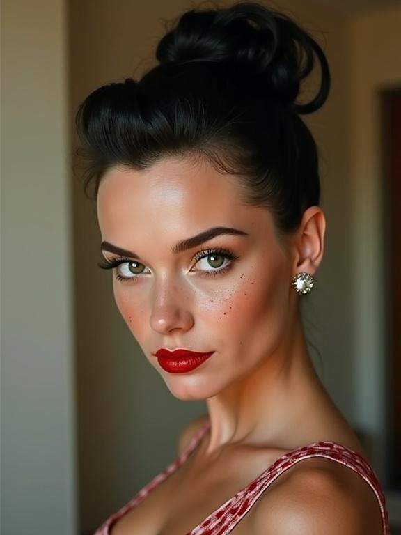 Portrait of a woman with a vintage pin-up style featuring black ponytail and freckles. Model is pouting with striking red lips. Soft natural lighting highlights facial features and elegance.