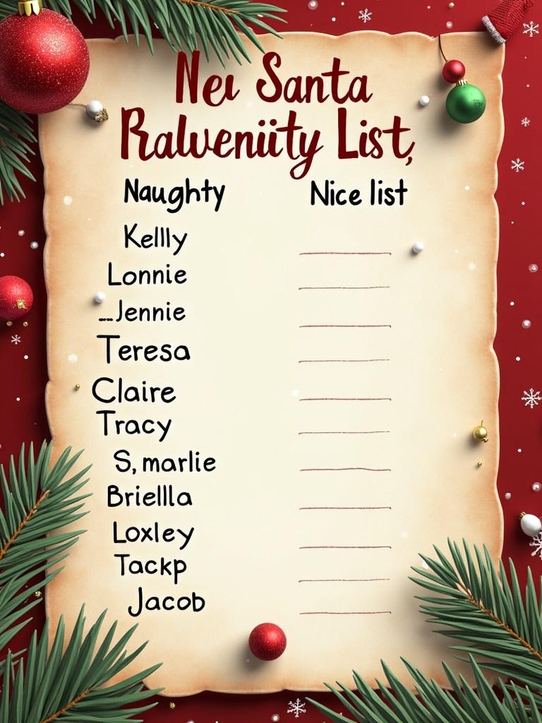 Letter from Santa featuring a Naughty and Nice list. Nice list contains names including Kelly, Lonnie, Teresa, Claire, Tracy, S, marlie. Naughty list includes Briella, Loxley, Taylor, Jacob. Decorated with festive Christmas elements.