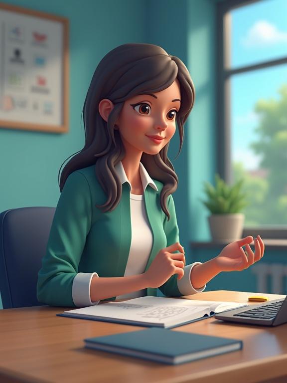 3D style image of a teacher using educational gamification platforms while sitting at a desk. Includes elements like notebooks, a laptop, and classroom decor.