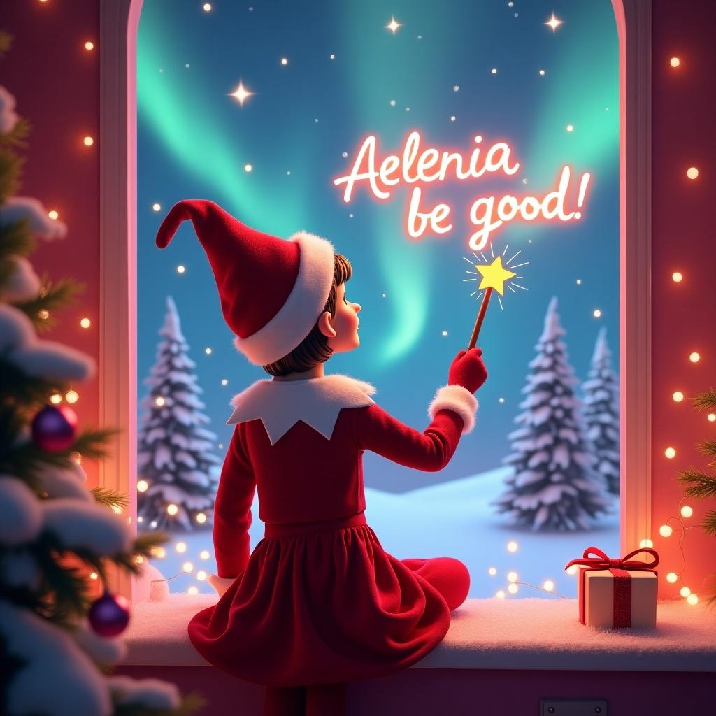 Enchanting Christmas scene features female elf on the shelf. Elf dressed in red and white. Elf wields magic wand writing Alenia be good! in glowing script. Backdrop has vibrant northern lights. Scene is pink, festive, showcases holiday spirit, whimsical twist. Elf's action creates wonder and joy of holiday season.