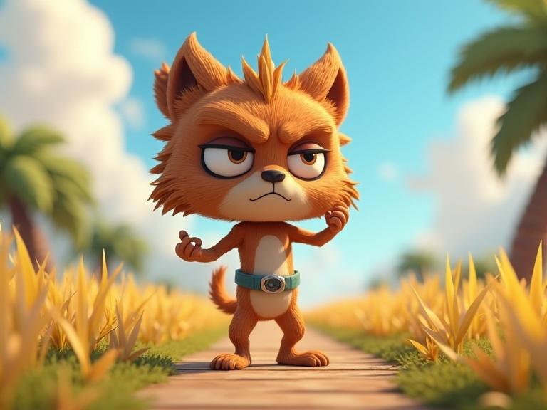 Cartoon fox character standing confidently on a sunny day with palm trees in the background. The character has an adorable yet grumpy expression. The scene is bright and colorful.