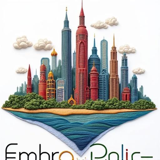 Logo design features the name 'EmbroPolis'. City skyline made of colored embroidery stitches. Various skyscrapers and structures depicted. Artistic and creative interpretation of a megapolis.