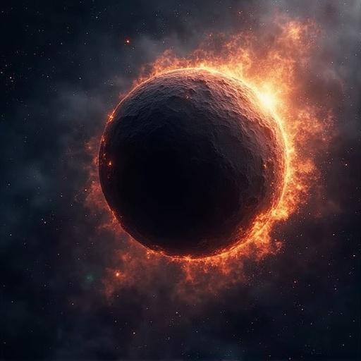 Create an imaginative illustration of a dark snack coming from black hole space. Center a dark sphere with fiery energy surrounding it, inspired by cosmic elements. Aim for a visually striking representation for artistic and educational purposes.