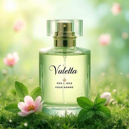 Display a frosted glass perfume bottle. Elegant font reads 'VULETTA'. Display 'PRO L’JECE' below and 'POUR HOMME' at the bottom. Add '— PARFUM —' near the base. Surround with fresh violet leaves, peony blooms, and mint sprigs. Include scenic elements like misty meadows and dew on grass. Use soft pastel greens, pinks and beige tones. Convey a sense of rebirth and light florals.