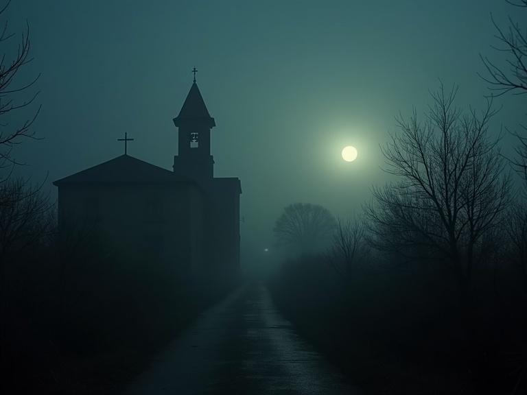 Abandoned town in Spain covered in fog. Silhouetted church tower in the background. Rounded lights in the sky. No visible moon. Emotionally heavy atmosphere with unresolved story elements.
