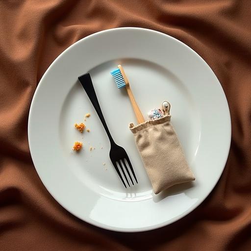 Overhead view of an empty plate with food scraps. A black fork and a toothbrush on top. Next to it, a small bag with a toothbrush and toothpaste on a luxurious brown tablecloth.