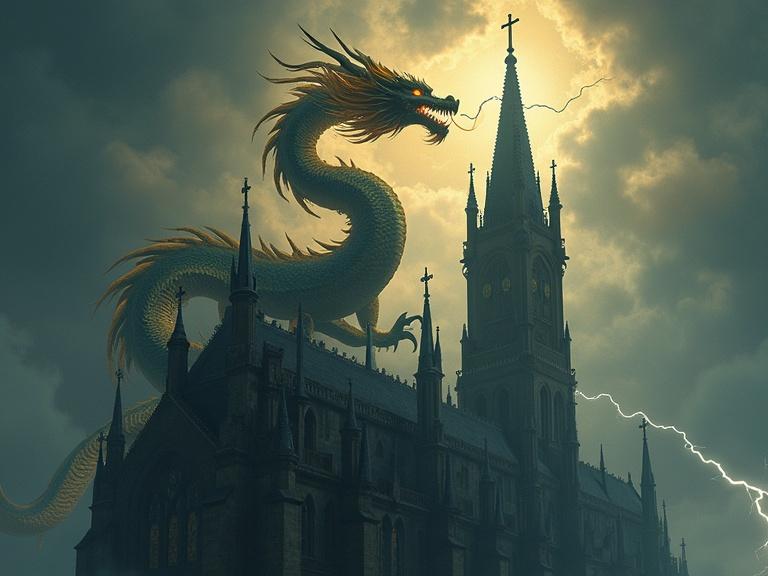Majestic Chinese dragon on gothic cathedral steeple. Dragon has shimmering scales and molten gold eyes. Breath creates mist. Cathedral silhouetted against stormy sky with lightning illuminating details. Style inspired by dark fantasy concept art, Brom, Frank Frazetta, with Art Nouveau elegance.